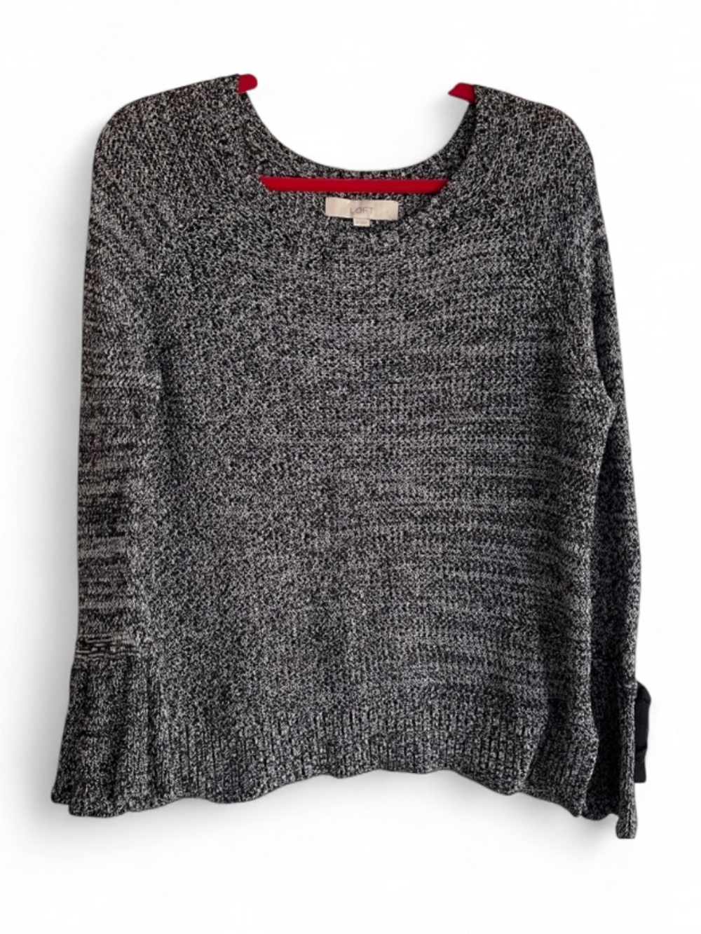 LOFT Heathered Black 100% Cotton Bell Cuff Sweater with Cuff Bow Size M